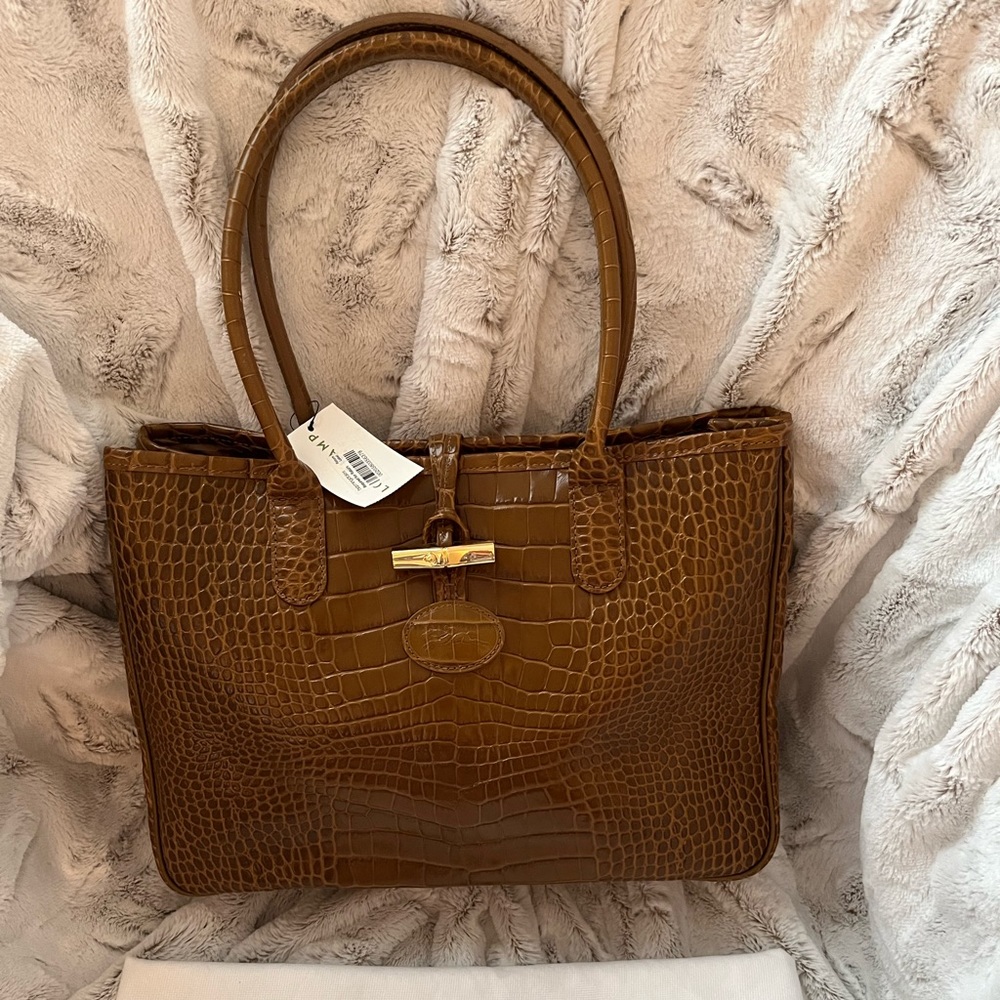 NWT Longchamp Brown Croc Embossed Leather Handbag